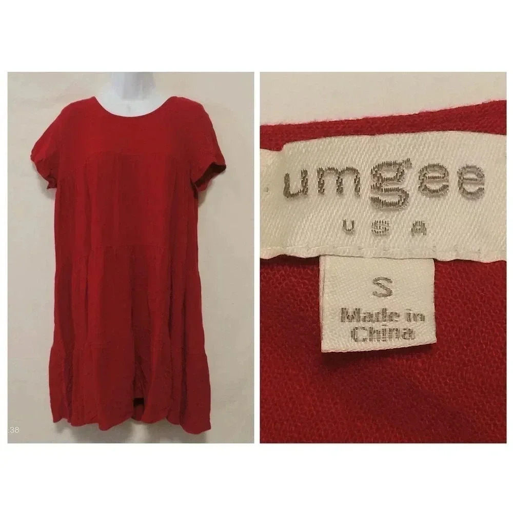 UMGEE Oversized Small Cherry Red Linen Cotton Short Sleeves Shift Dress